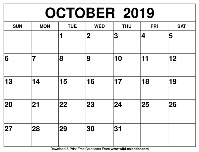 Blank October 2019 Calendar Printable Ko fi ️ Where creators get